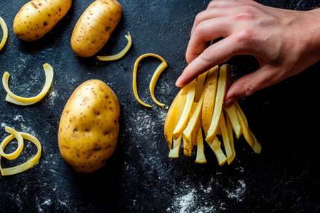 A hand methodically cuts raw potatoes into sticks on a dark countertop. Potato peels are scattered around, showcasing the fresh preparation of a meal.の素材