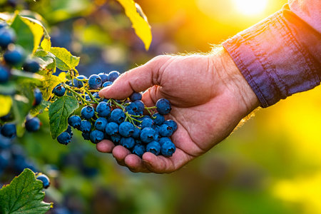 A hand reaches out to gently pick fresh, ripe blueberries from a bush in an orchard bathed in warm sunset light. The tranquil setting enhances the harvest experience.の素材