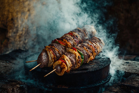 Skewers loaded with marinated meat and colorful vegetables grill over an open flame, releasing savory aromas that fill the outdoor air. Friends gather nearby, enjoying the warm sun.の素材