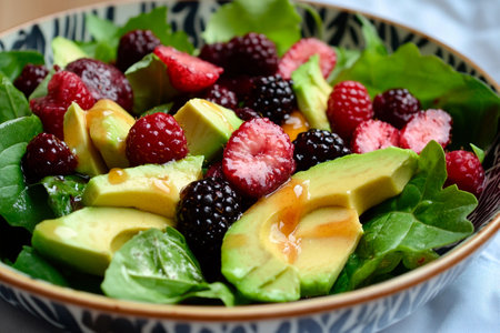 Bright and colorful salad features slices of creamy avocado, juicy raspberries, and blackberries mixed with fresh greens drizzled with honey dressing. Perfect for a light lunch.の素材