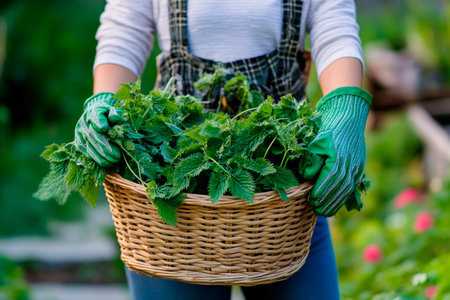 A person collects freshly grown herbs in a wicker basket while wearing gardening gloves. The vibrant greenery around adds to the serene atmosphere of the garden in the afternoon.の素材