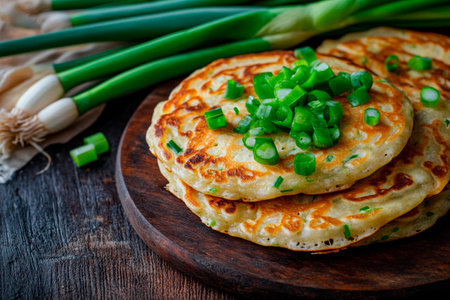 Delicious green onion pancakes display a golden, crispy texture and are adorned with finely chopped scallions, set against a backdrop of fresh green onions.の素材