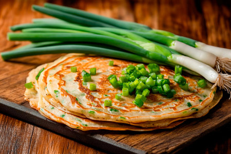 A stack of golden brown green onion pancakes sits on a wooden board, garnished with finely chopped scallions. Fresh scallions are displayed alongside, enhancing the appetizing look.の素材