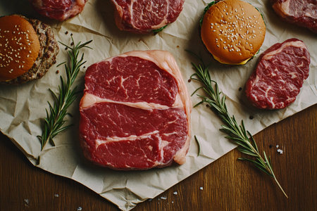 Several fresh cuts of beef, including a thick ribeye and burger patties, are arranged on parchment paper with rosemary sprigs, creating an inviting kitchen atmosphere.の素材