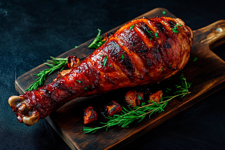 A beautifully roasted leg of meat rests on a wooden serving board, garnished with fresh herbs. The dish showcases a rich, caramelized glaze and is presented in an inviting manner.の素材