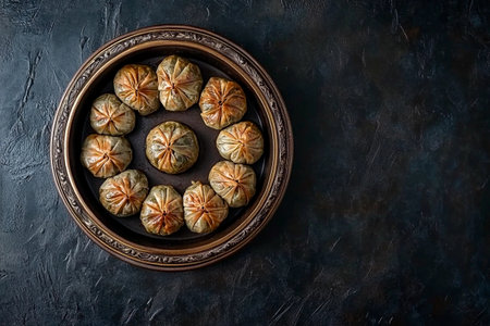 A circular platter displays neatly arranged, golden-brown dumplings, showing intricate folds and a glossy finish. The dark background highlights the appetizing texture and artistry.の素材