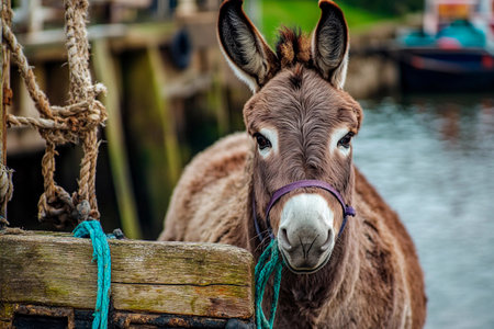 A donkey stands by the harbor, looking curiously at the camera while holding a piece of rope in its mouth. The water shimmers under the sun, creating a peaceful atmosphere by the docks.の素材