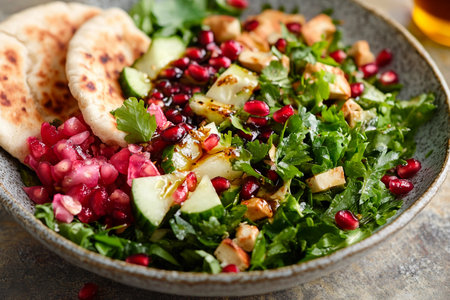A vibrant salad with fresh greens, pomegranate seeds, and cucumbers sits beside warm flatbreads. The setting exudes a warm, inviting atmosphere perfect for enjoying a healthy meal.の素材