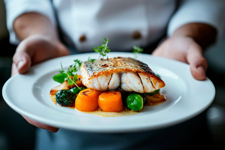 A skilled chef proudly serves a beautifully plated grilled fish topped with fresh herbs, accompanied by colorful carrots and greens in a refined dining atmosphere.の素材