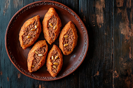 Bulgur wheat shells stuffed with spiced minced meat and pine nuts arranged neatly on a handcrafted plate, showing culinary art and heritage at a special occasion.の素材