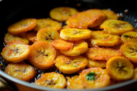 Ripe plantains sliced and frying in oil until crispy and golden. The delicious aroma fills the kitchen, promising a flavorful snack or side dish.の素材