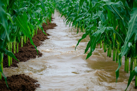 Water flows through rows of corn in a flooded field after heavy rainfall. The green plants stand tall as they struggle to adapt to the excessive water, highlighting environmental impacts.の素材