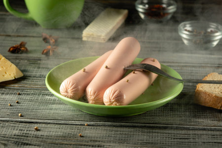 Three lightly cooked sausages rest on a green plate. The setting includes aromatic spices, a slice of bread, and additional ingredients in small bowls nearby, creating a warm kitchen atmosphere.の写真素材