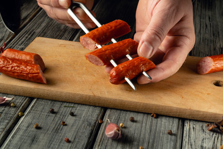 A person uses a skewer to hold sliced sausages while cooking. The setting includes wooden surfaces and scattered spices, indicating meal preparation in a cozy environment.の写真素材