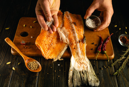 A chef is seasoning a fillet of fish on a wooden board. Fresh herbs, spices, and chili peppers are arranged nearby, showcasing an appetizing culinary preparation.の写真素材