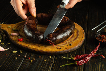 A skilled cook slices a dark, seasoned sausage on a wooden board surrounded by fresh herbs and spices. The setting is warm and invites culinary creativity.の写真素材