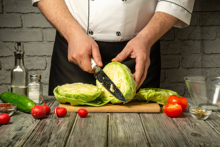 A chef skillfully cuts cabbage on a wooden cutting board surrounded by fresh tomatoes, cucumbers, and radishes in a cozy kitchen setting.の写真素材
