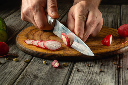 Hands skillfully slice crisp radishes on a wooden cutting board. Bright colors and textures highlight a fresh salad preparation. Sunlight streams in, enhancing the atmosphere.の写真素材