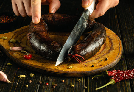 Hands are skillfully slicing through a dark cured sausage on a wooden cutting board. Surrounding elements include various spices and fresh ingredients, adding character to the setting.の写真素材