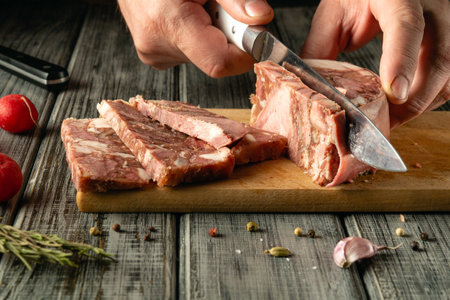 A chef skillfully slices a piece of cured meat on a wooden cutting board. Fresh herbs, spices, and garlic are scattered around, enhancing the rustic kitchen vibe during the preparation.の写真素材