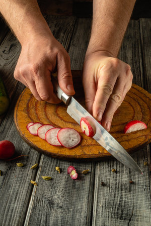 Hands skillfully slice radishes into thin rounds using a sharp knife on a rustic wooden cutting board, highlighting culinary precision and fresh ingredients in a cozy kitchen atmosphere.の写真素材