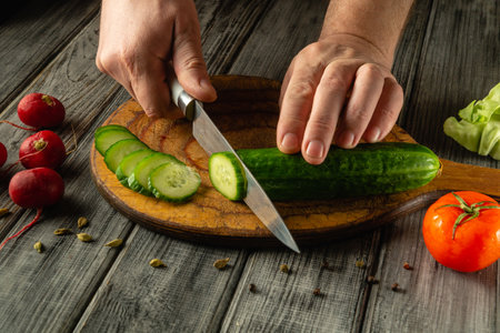 Hands skillfully slice a cucumber on a wooden board, surrounded by fresh vegetables like radishes, lettuce, and a tomato, showcasing a vibrant kitchen activity.の写真素材