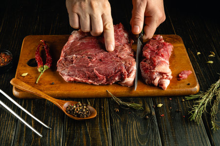 Skilled hands slice a raw piece of meat on a wooden cutting board in a rustic kitchen. Dried herbs and spices surround the preparation area, enhancing the culinary atmosphere.の写真素材