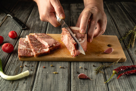 Chef slices a thick piece of meat with a sharp knife on a rustic wooden cutting board surrounded by fresh garlic, herbs, and vegetables, indicating a culinary preparation.の写真素材