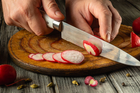 Hands skillfully slice radishes into thin rounds on a wooden cutting board. The kitchen setting displays rustic charm, highlighting the fresh ingredients being prepared.の写真素材