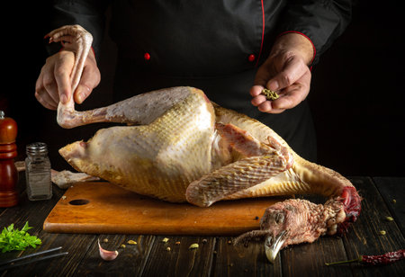 A chef skillfully prepares a whole duck for roasting, holding the bird on a wooden cutting board while seasoning it with spices. The kitchen atmosphere is warm and inviting.の写真素材