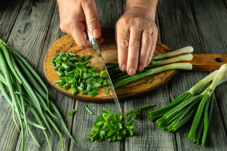 Fresh green onions are being skillfully chopped on a wooden cutting board. The natural light enhances the vibrant colors of the vegetables, creating an inviting kitchen atmosphere.の写真素材