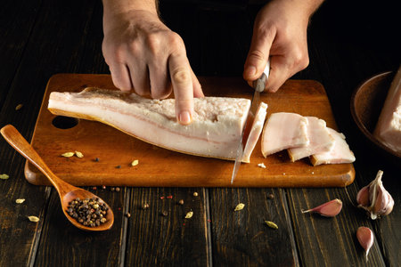 Hands expertly slice a thick piece of meat on a wooden cutting board. Spices and garlic accompany the preparation, highlighting a culinary craft in a warm, rustic setting.の写真素材