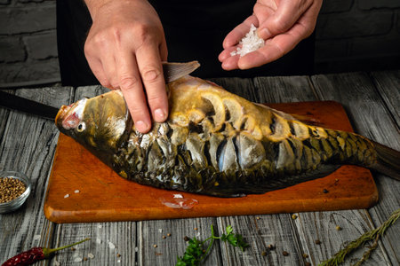 A person carefully seasons a large fish on a wooden board. Fresh herbs, spices, and coarse salt are nearby, highlighting the preparation process in a cozy kitchen.の写真素材