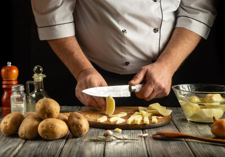 A chef is skillfully slicing raw potatoes on a wooden cutting board. Nearby ingredients include whole potatoes and seasonings, creating an inviting cooking environment.の写真素材