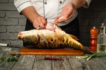 A chef expertly seasons freshly caught fish with coarse salt on a wooden board. The kitchen displays various cooking ingredients, demonstrating the authentic cooking process.の写真素材