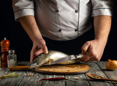 A skilled chef expertly slices a whole fish on a wooden cutting board in a warm kitchen. Various ingredients and seasonings are arranged nearby, creating an inviting atmosphere.の写真素材