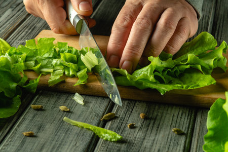 Hands skillfully chop fresh green lettuce on a wooden cutting board in a warm kitchen. Sunlight...