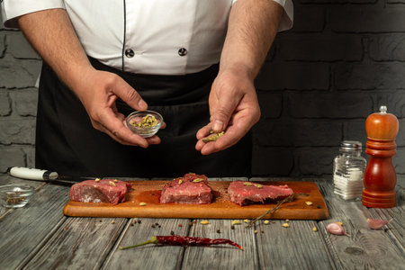 In a rustic kitchen, a chef skillfully prepares beef cuts by sprinkling spices and herbs, showing a variety of flavors and culinary expertise.の写真素材