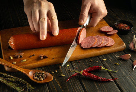 Hands delicately slice into a red sausage on a wooden cutting board. Various herbs, spices, and...