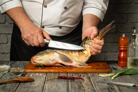 A chef expertly holds a fish, ready to fillet it on a wooden cutting board. The kitchen features a...