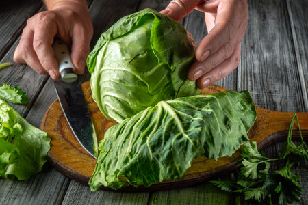 Hands skillfully cut green cabbage on a wooden board, surrounded by fresh herbs. This activity highlights the preparation of a nutritious dish at home.の写真素材