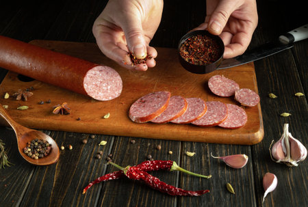 Hands sprinkle spices over sliced sausage on a wooden board. Fresh garlic and whole spices accompany the preparation, creating a savory atmosphere in a cozy kitchen.の写真素材
