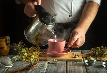 A person is carefully pouring steaming water from an electric kettle into a pink teacup placed on a wooden surface.の写真素材