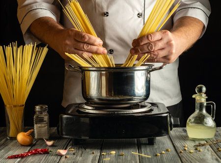 A chef meticulously places long strands of spaghetti into a boiling pot of water. Fresh ingredients like garlic and spices are arranged nearby, emphasizing a culinary endeavor.の写真素材
