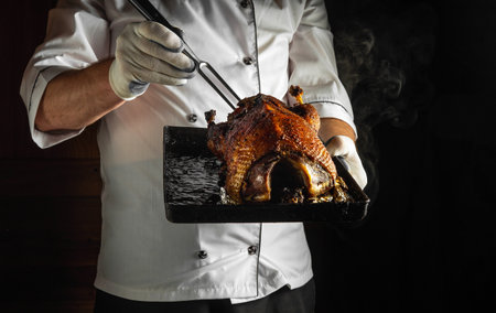 A chef in a white uniform and gloves holds a steaming roasted duck with a carving fork above a dark platter. The ambiance is cozy and inviting, emphasizing the culinary artistry.の写真素材