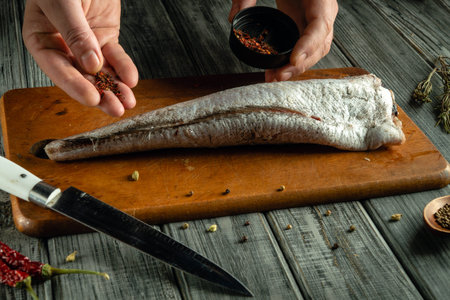 Hands add spices to a fresh fish fillet on a wooden cutting board. A knife rests nearby, highlighting the cooking preparation process in a warm kitchen environment.の写真素材