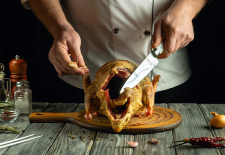 A skilled chef carves a roast chicken that rests on a rustic wooden board. Fresh ingredients and spices surround the scene, hinting at the passion for culinary art in a cozy kitchen.の写真素材