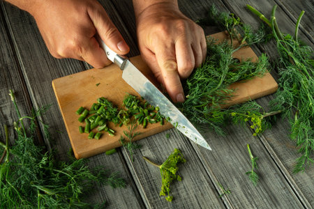 Hands slicing green herbs with a sharp knife on a rustic wooden board, surrounded by fresh greenery, indicating meal preparation in a cozy kitchen.の写真素材