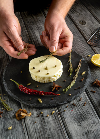 Hands gently place fresh herbs on a circular cheese surrounded by spices and lemon slices, showing the art of flavoring at a culinary workshop.の写真素材