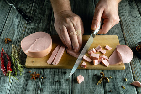 Hands skillfully slice pink deli meat on a rustic wooden board. Herbs and dried spices are arranged...